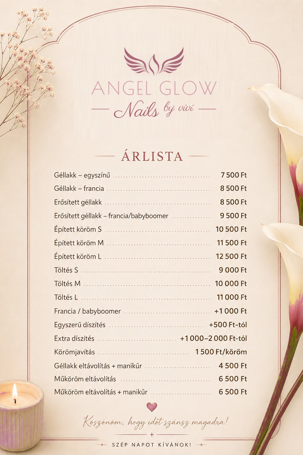 Angel Glow Nails Salon árlista